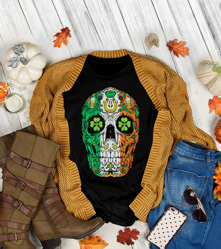 Sugar Skull Irish Leprechaun Shamrock St Patrick's Day T-Shirt