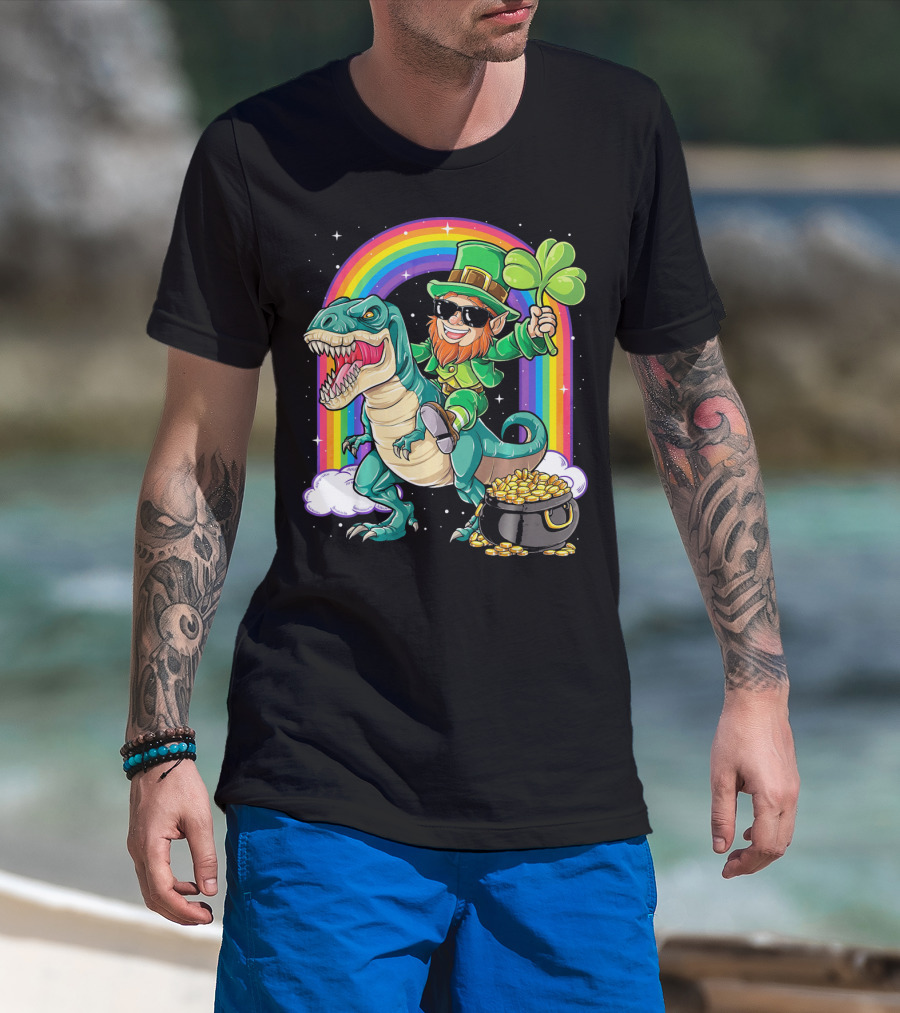 Leprechaun Riding Dinosaur T-Rex Shamrock Rainbow Pot Of Gold St Pat's Day T-Shirt