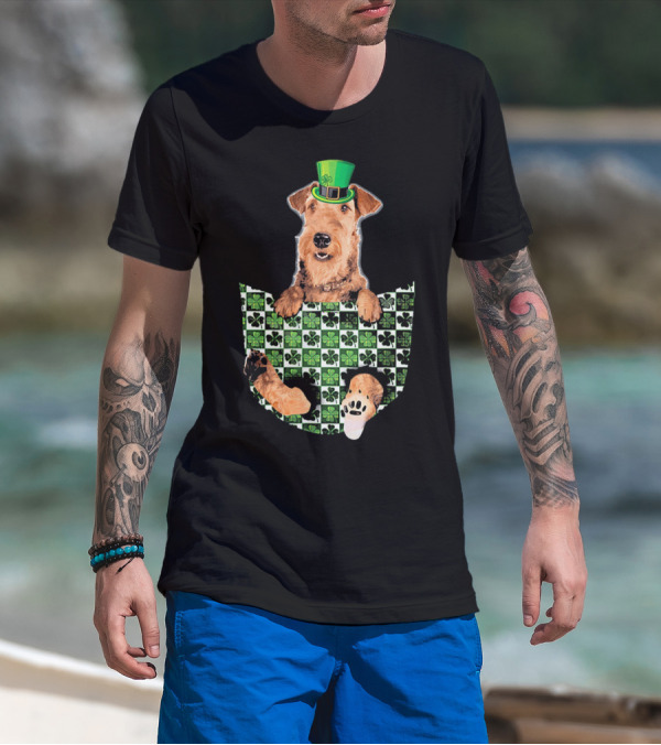 Airedale Terrier Pocket Patrick Hat Green Shamrocks T-Shirt