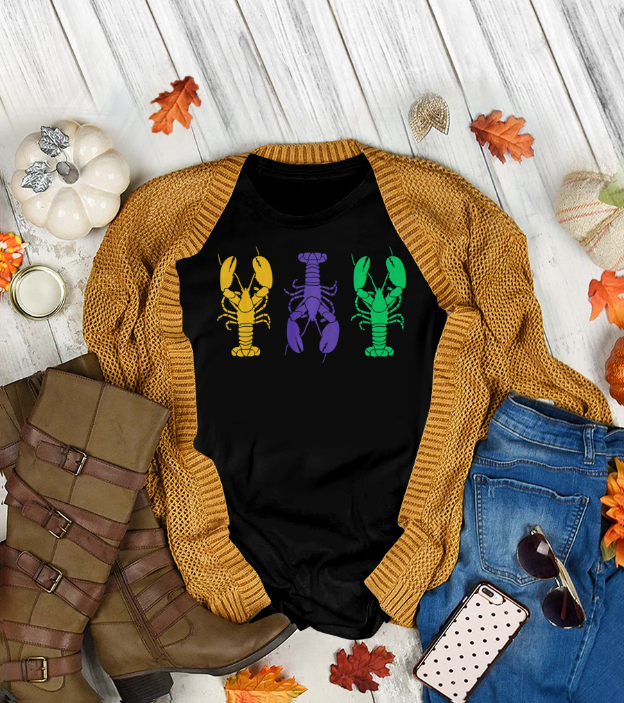Mardi Gras Yellow Purple Green Crayfish Lobsters T-Shirt