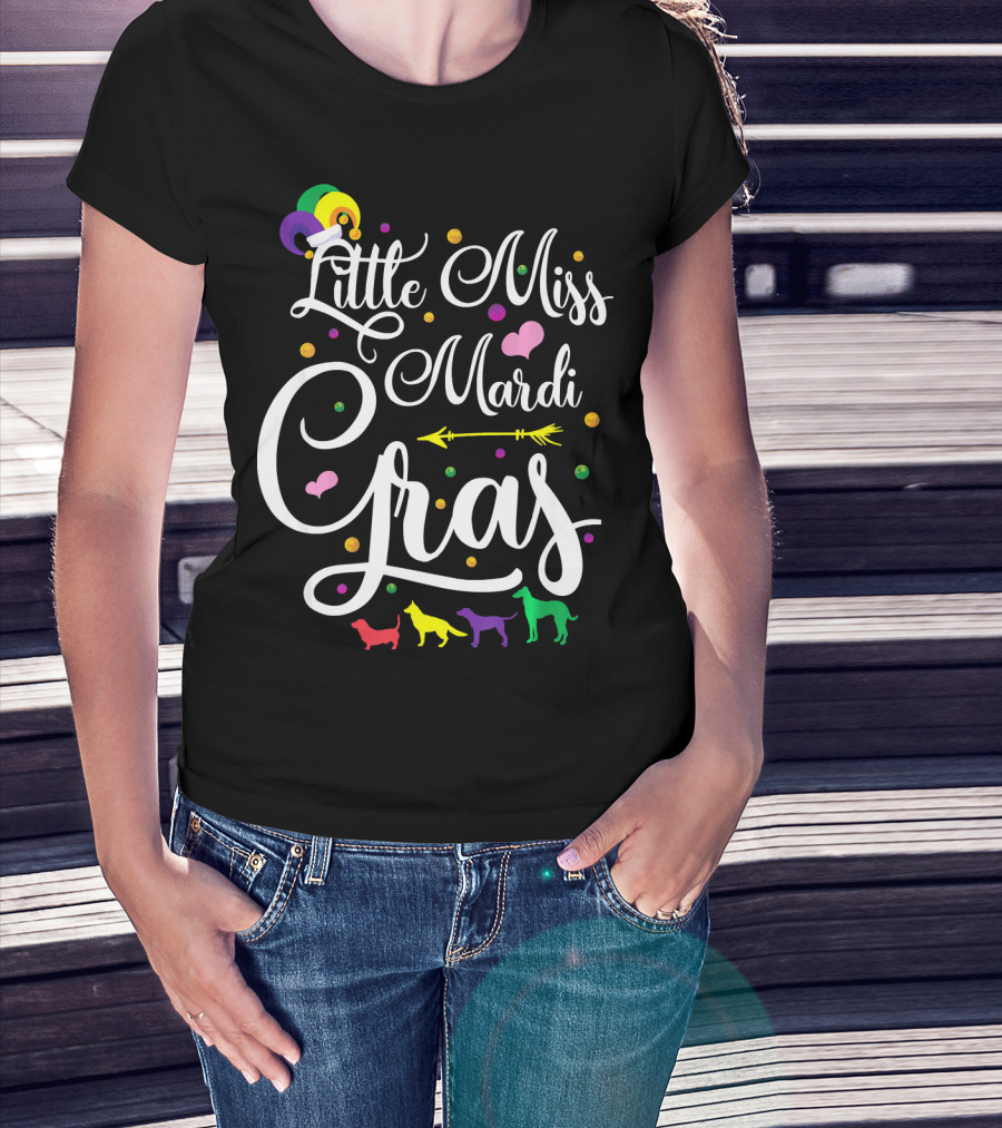 Little Miss Mardi Gras Dogs Hearts Beads Arrow Text T-Shirt