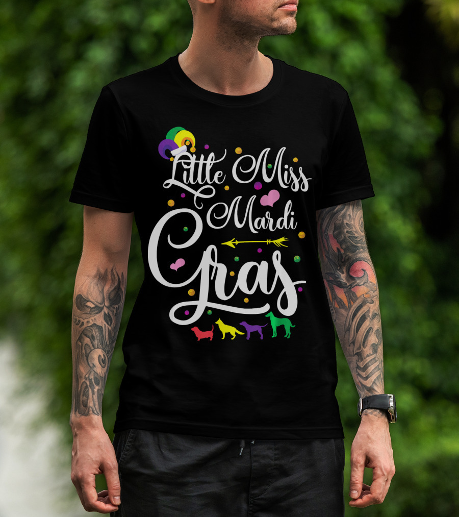 Little Miss Mardi Gras Dogs Hearts Beads Arrow Text T-Shirt