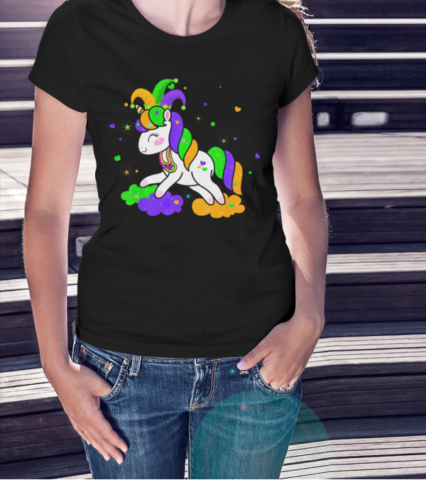 Unicorn Mardi Gras Party Rainbow Mask Beads T-Shirt