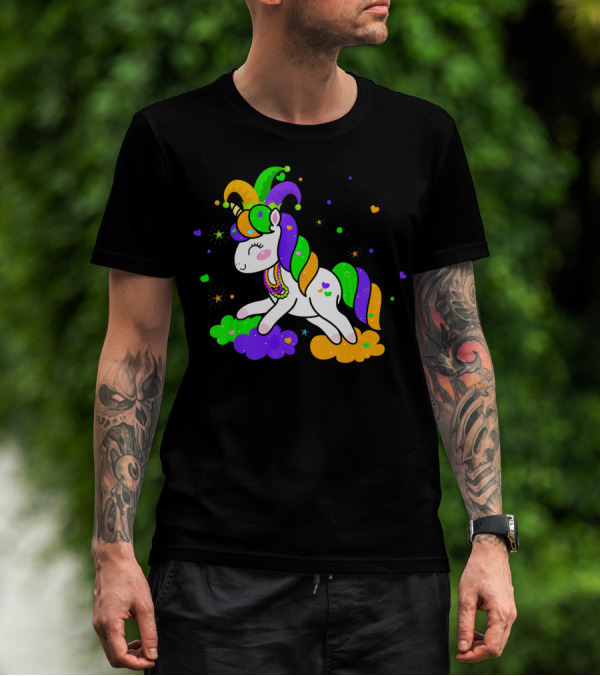 Unicorn Mardi Gras Party Rainbow Mask Beads T-Shirt