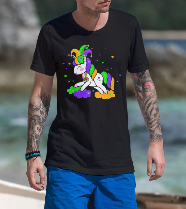 Unicorn Mardi Gras Party Rainbow Mask Beads T-Shirt