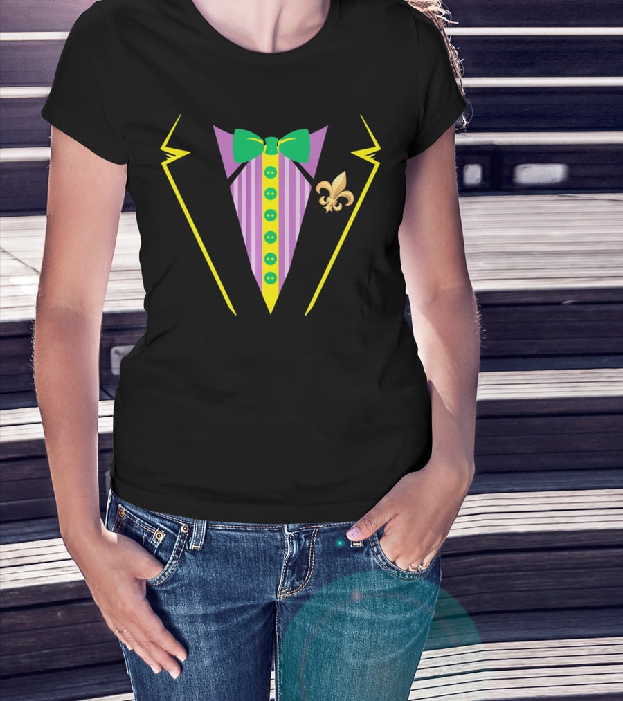 Mardi Gras Tux With Bow Tie And Fleur De Lis Icon For Funny Party T-Shirt
