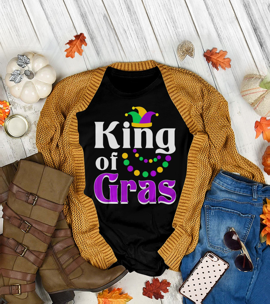 King of Gras Funny Mardi Gras Couples Co Jokester Hat and Beads T-Shirt