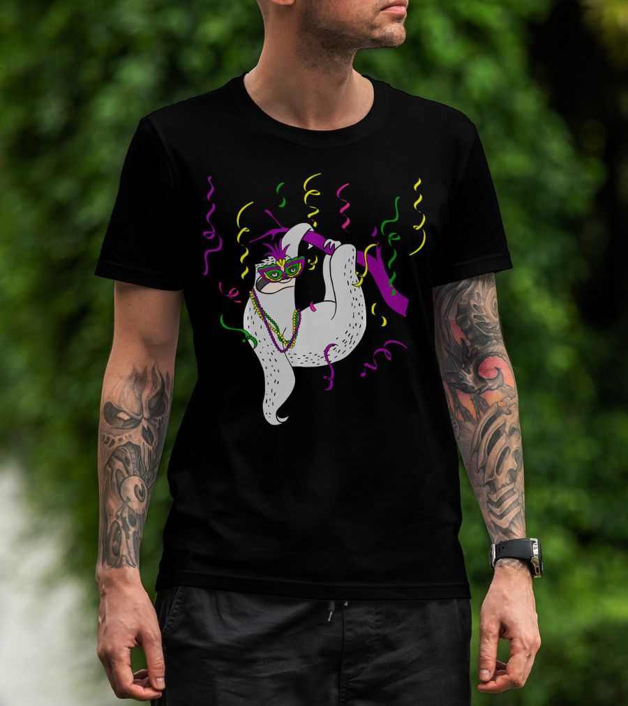 Sloth Mardi Gras Colorful Mask And Beads T-Shirt