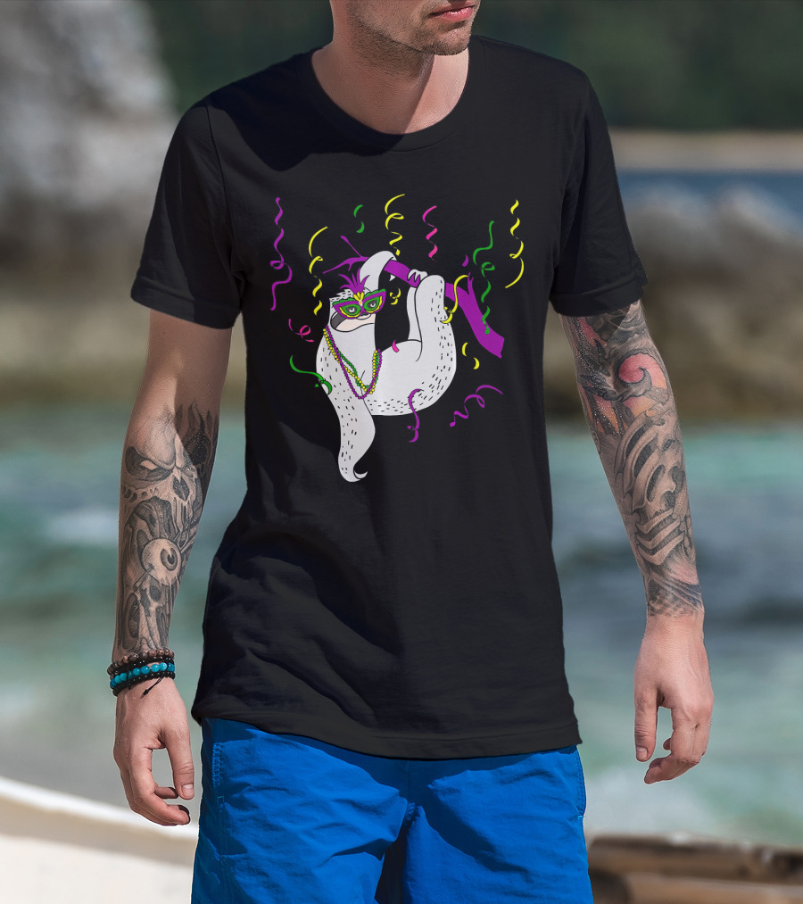 Sloth Mardi Gras Colorful Mask And Beads T-Shirt