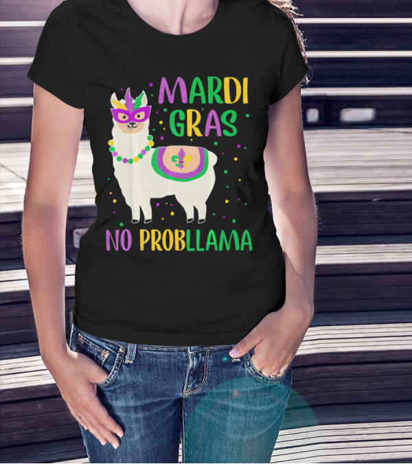 Mardi Gras No Probllama Llama Mask Beads Fleur-de-Lis T-Shirt