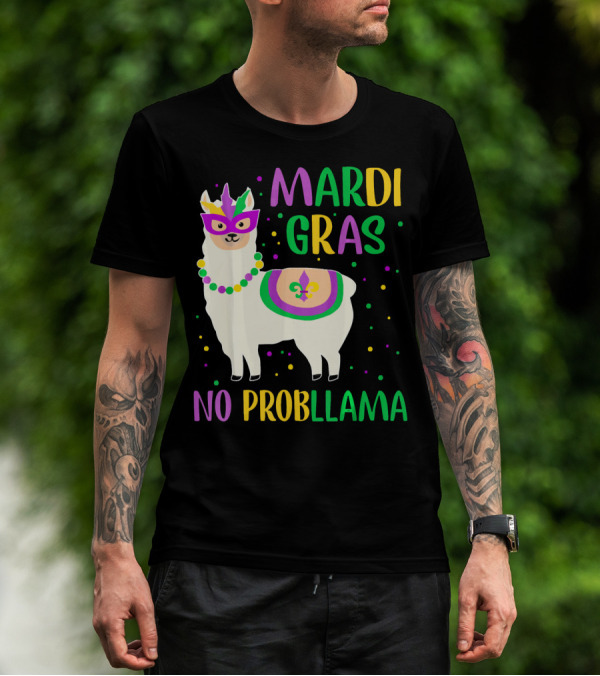 Mardi Gras No Probllama Llama Mask Beads Fleur-de-Lis T-Shirt