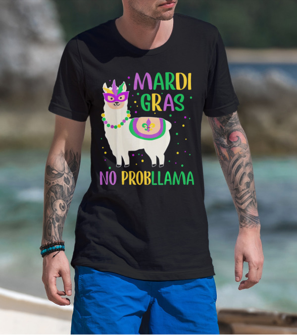 Mardi Gras No Probllama Llama Mask Beads Fleur-de-Lis T-Shirt