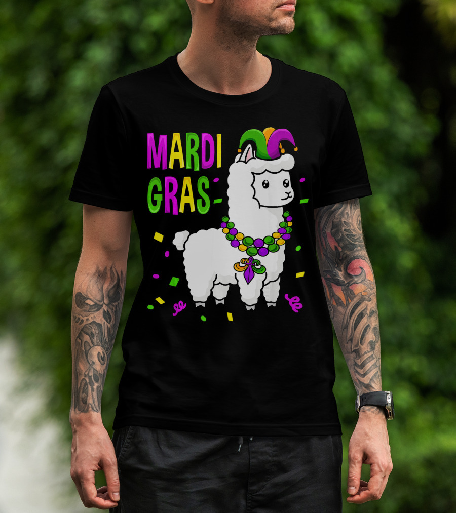 Mardi Gras Llama Jester New Orleans Beads Confetti T-Shirt