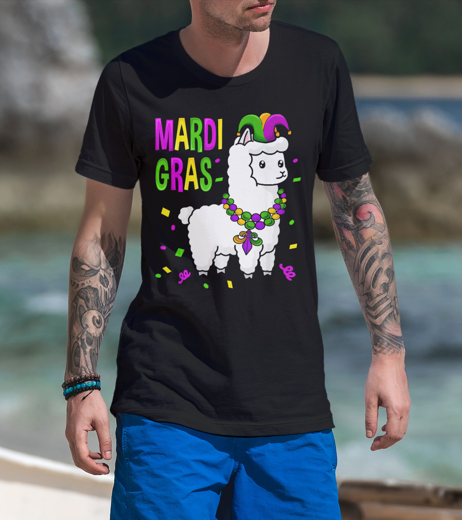 Mardi Gras Llama Jester New Orleans Beads Confetti T-Shirt