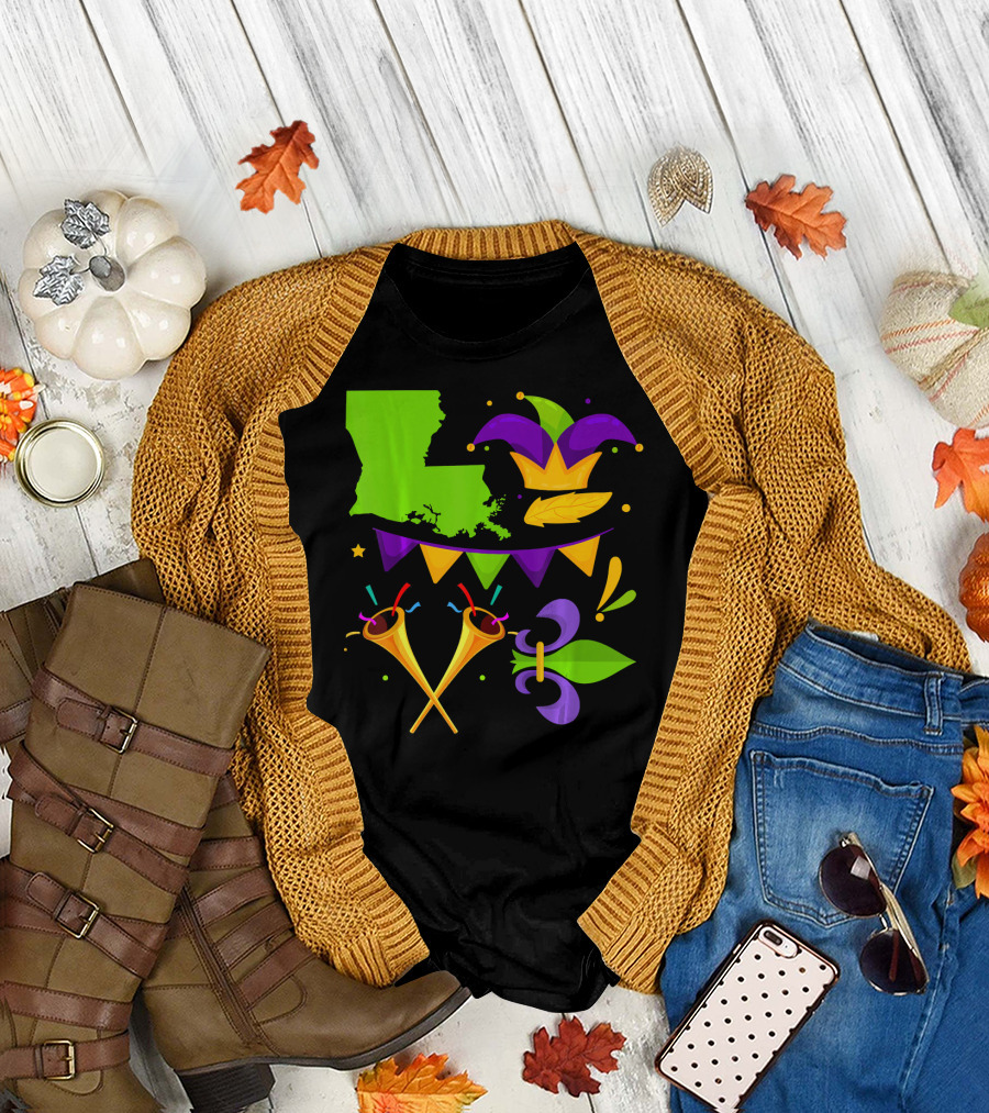 I Love Mardi Gras Louisiana Fleur De Lis Jester Hat Trumpets Bunting T-Shirt