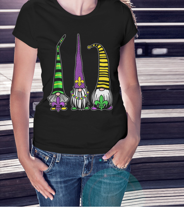 Cute Gnomes Mardi Gras Tuesday Gnome Bea Festival Fleur De Lis T-Shirt