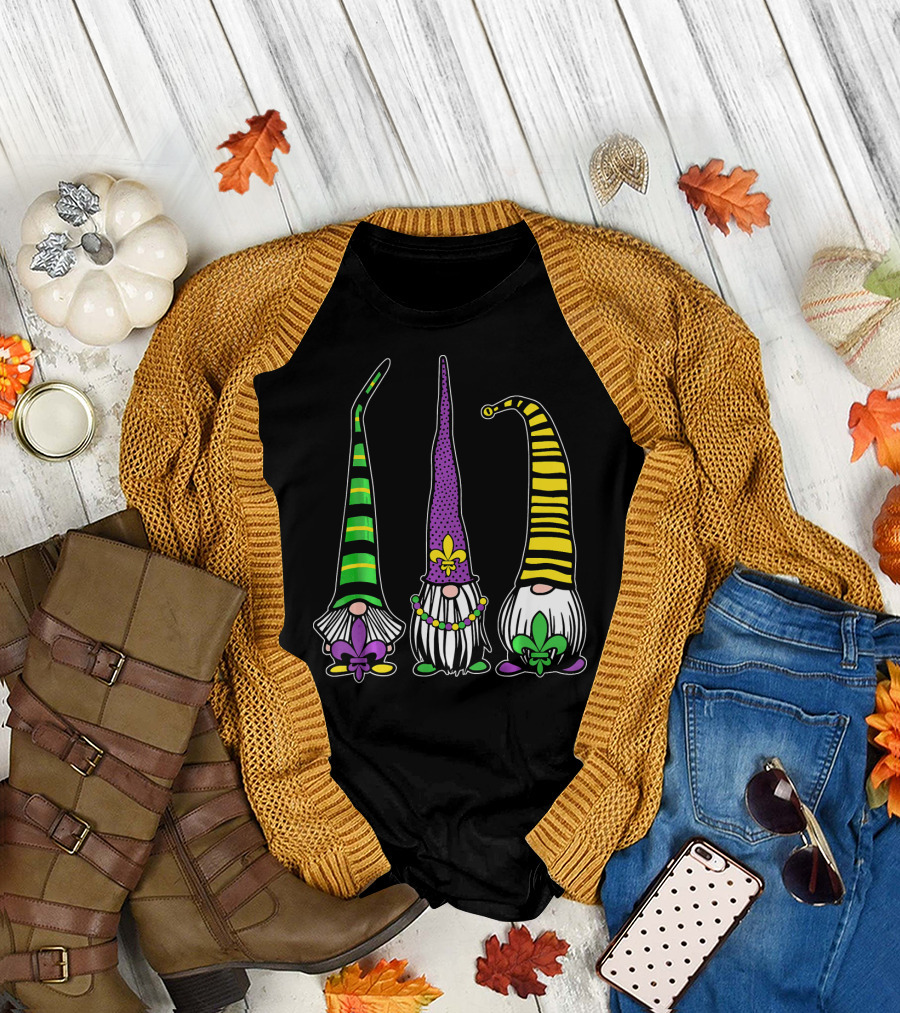 Cute Gnomes Mardi Gras Tuesday Gnome Bea Festival Fleur De Lis T-Shirt