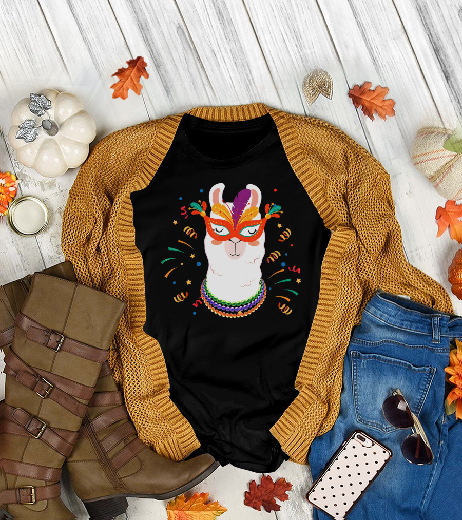 Llama Mardi Gras Mask Beads Festive T-Shirt