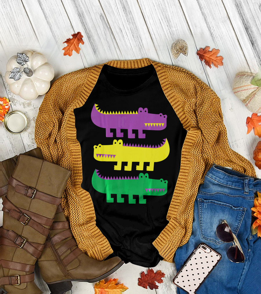 Mardi Gras Happy Alligator Crocodile Fun Purple Yellow Green Trio T-Shirt