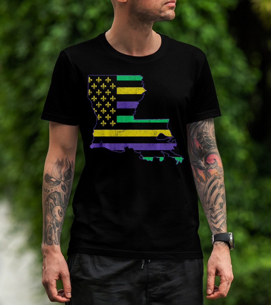 New Orleans Mardi Gras Louisiana Map Fleur-de-lis Flag T-Shirt