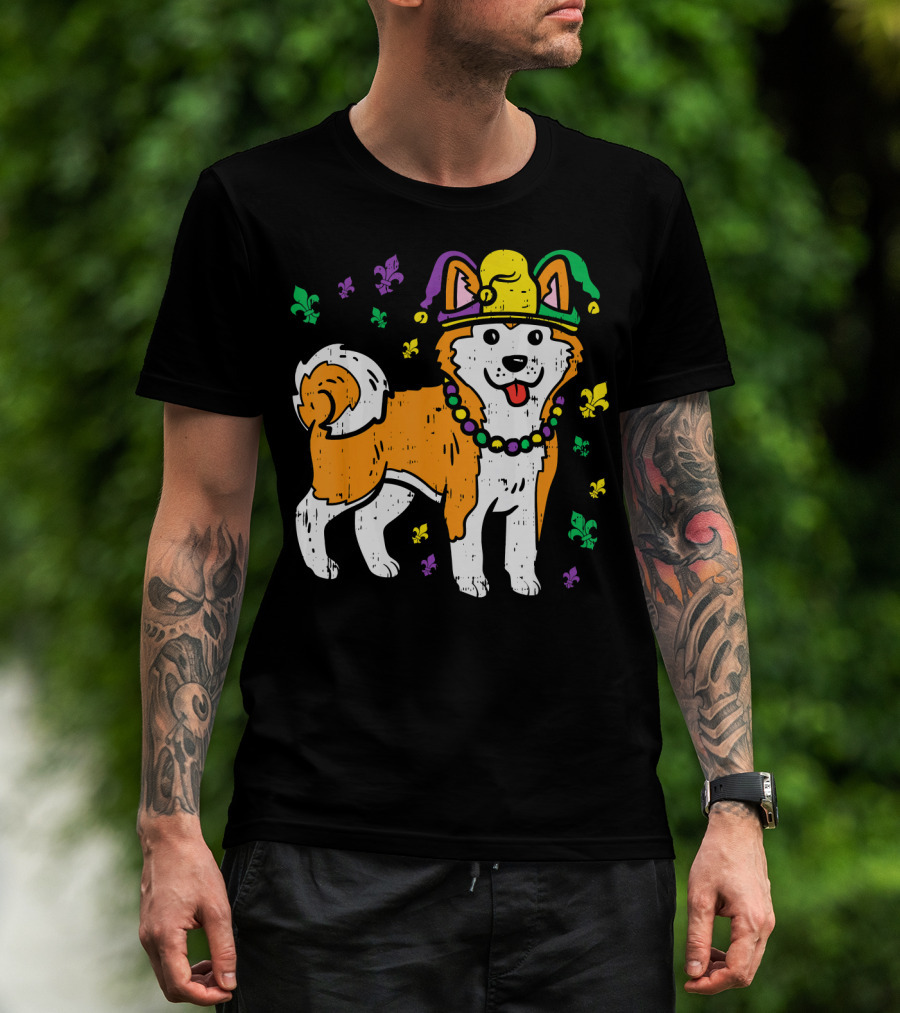 Jester Shiba Inu Akita Japanese Dog Mardi Gras Fleur-de-Lis T-Shirt