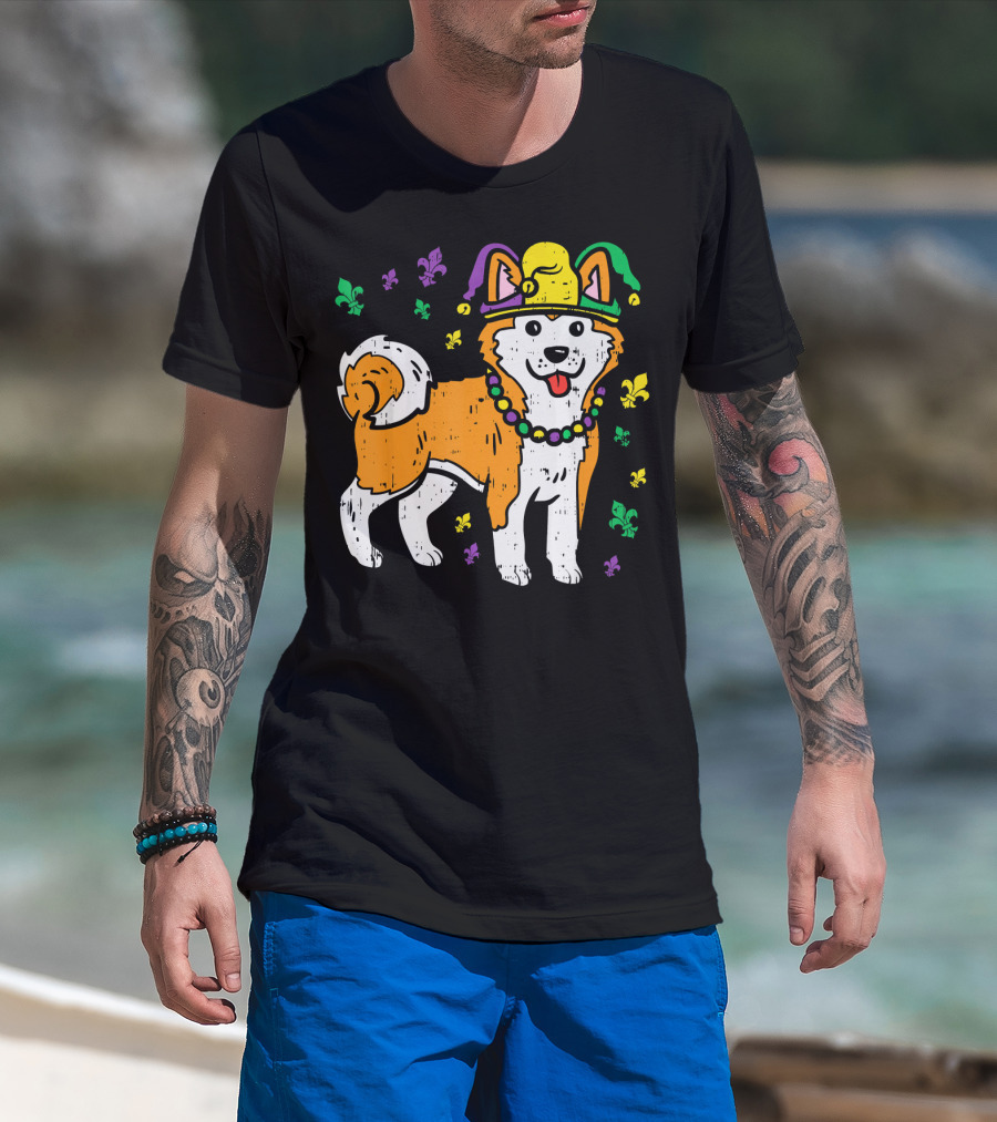 Jester Shiba Inu Akita Japanese Dog Mardi Gras Fleur-de-Lis T-Shirt