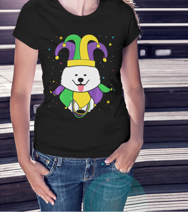 Funny Samoyed With Jester Hat And Mardi Gras Colors T-Shirt