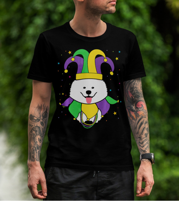 Funny Samoyed With Jester Hat And Mardi Gras Colors T-Shirt