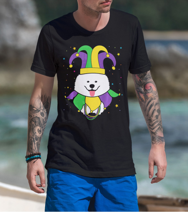 Funny Samoyed With Jester Hat And Mardi Gras Colors T-Shirt