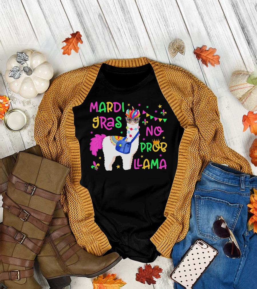 Mardi Gras No Probllama Festive Llama with Mask and Beads T-Shirt