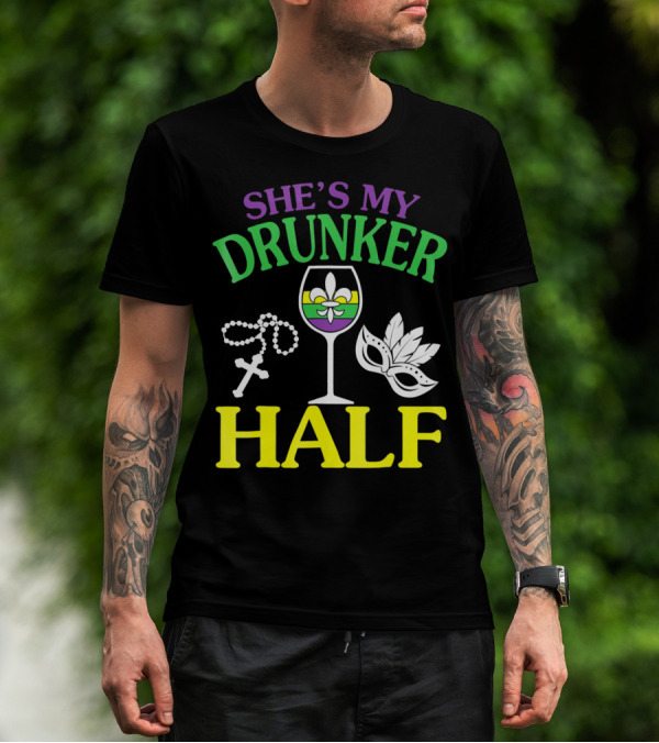 SHE'S MY DRUNKER HALF Fleur-de-Lis Wine Glass Beads Mask T-Shirt