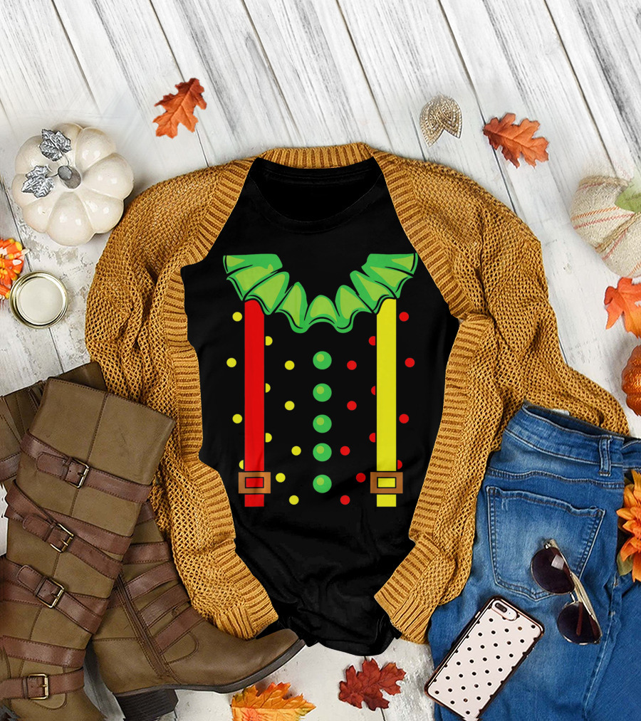 Funny Red and Yellow Suspenders with Green Jester Collar Clown T-Shirt