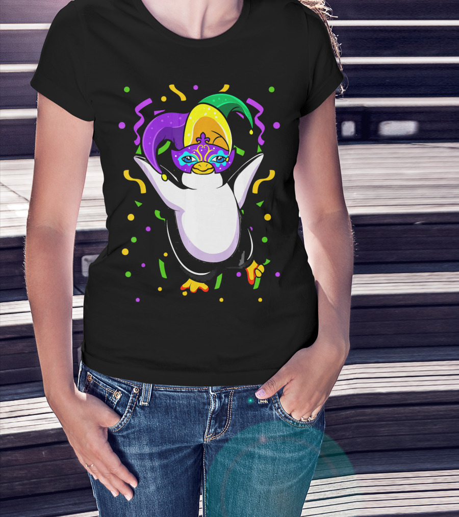 Mardi Gras Penguin With Colorful Jester Hat And Mask T-Shirt