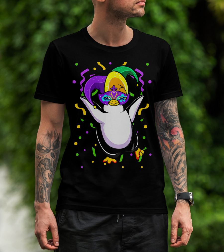 Mardi Gras Penguin With Colorful Jester Hat And Mask T-Shirt