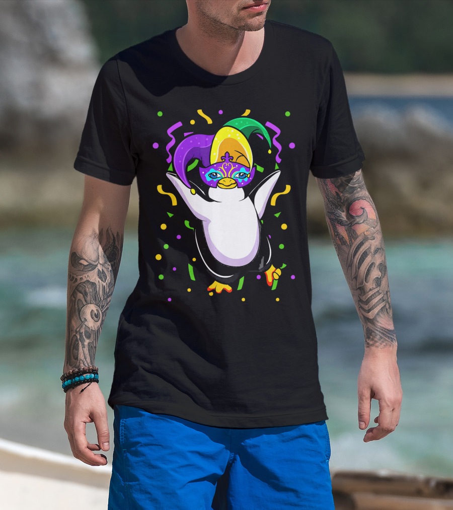 Mardi Gras Penguin With Colorful Jester Hat And Mask T-Shirt