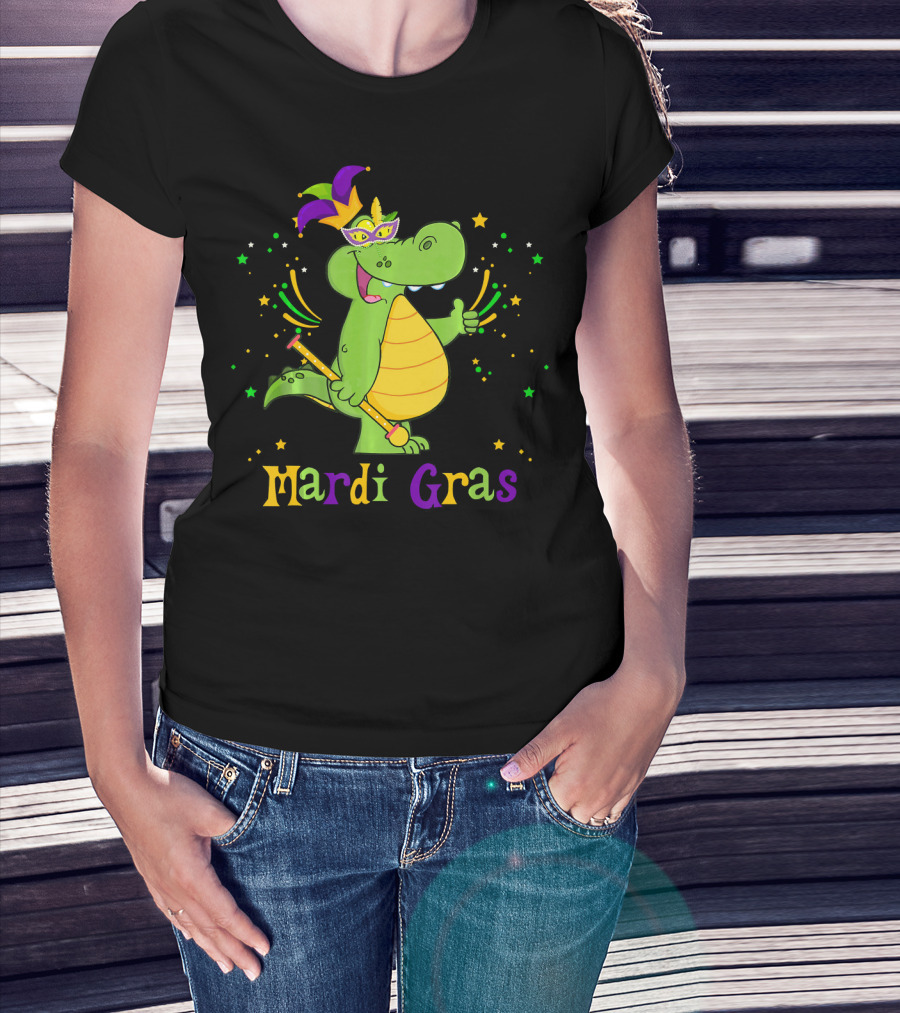 Mardi Gras Alligator With Mask And Star Accents T-Shirt
