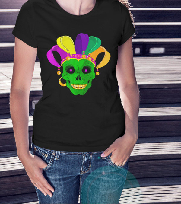 Skull Face Green Jester Hat Mardi Gras T-Shirt