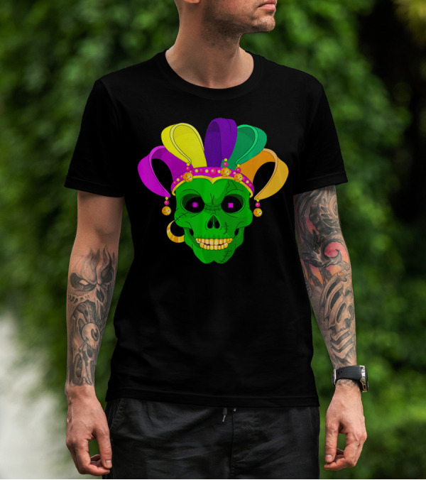 Skull Face Green Jester Hat Mardi Gras T-Shirt