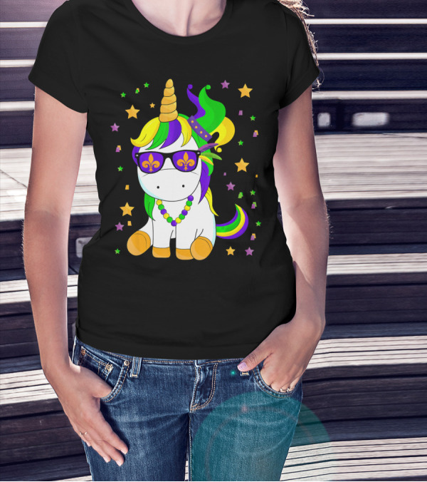 Mardi Gras Unicorn Kid Carnival Stars Fleur-de-Lis Beads T-Shirt