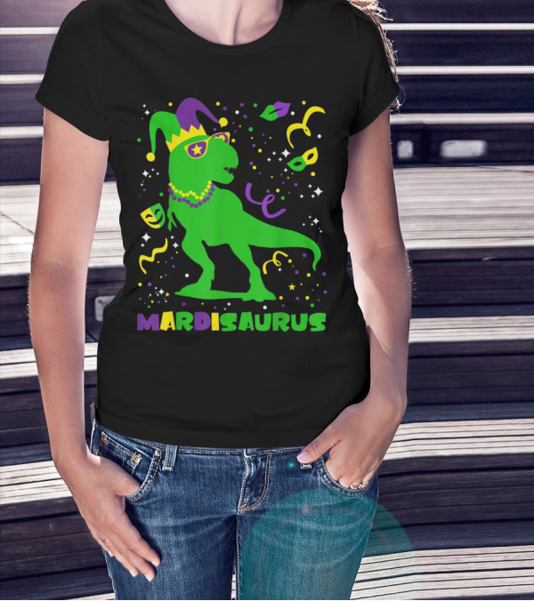 Mardi Gras Dinosaur Mardisaurus Jester Hat Beads Masks Party T-Shirt