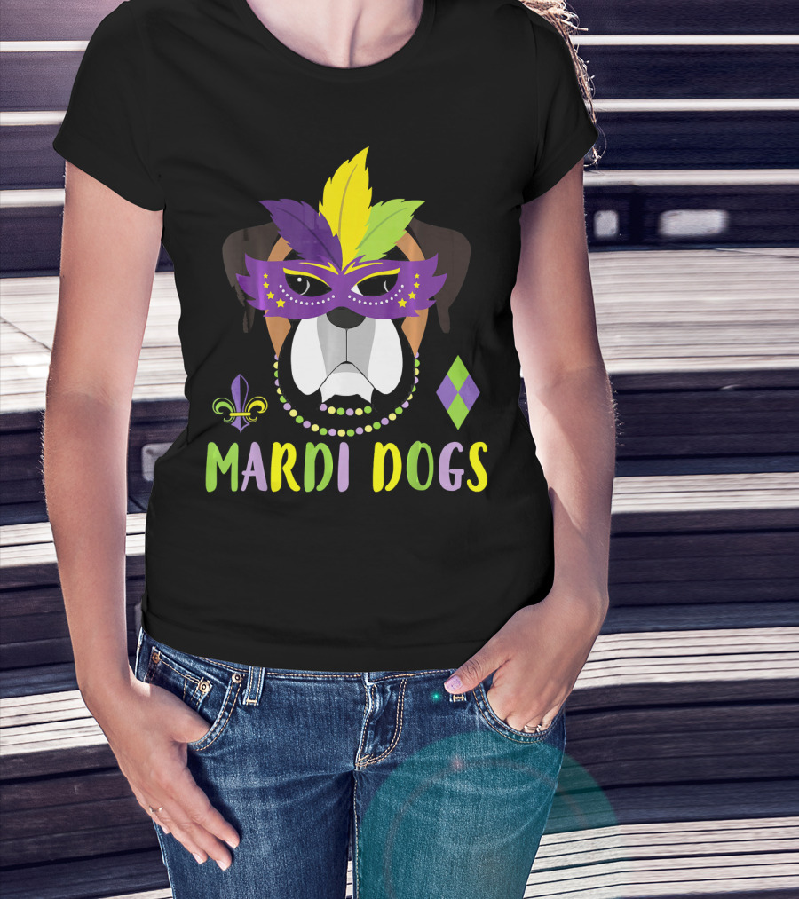 Boxer Dog Mardi Gras Mask Beads Mardi Dogs Fleur-de-Lis T-Shirt