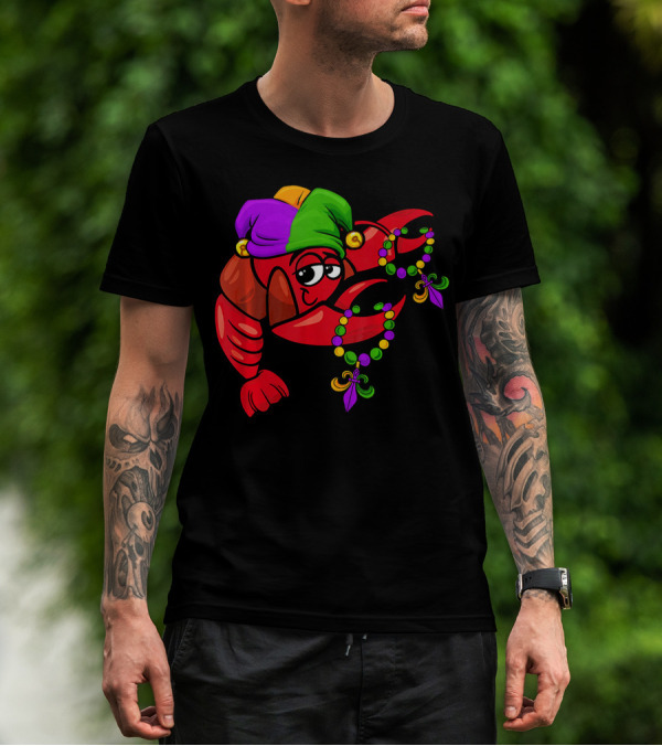 Funny Mardi Gras Dabbing Crawfish Jester With Beads And Hat T-Shirt