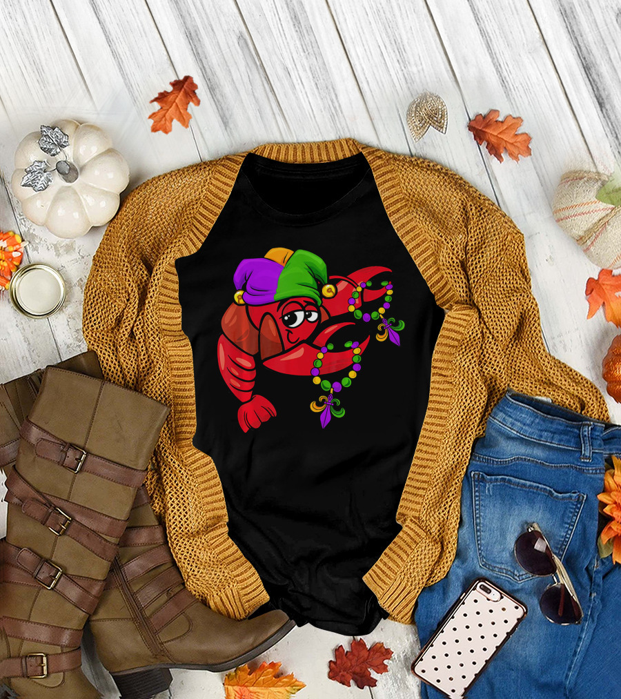 Funny Mardi Gras Dabbing Crawfish Jester with Beads and Hat T-Shirt
