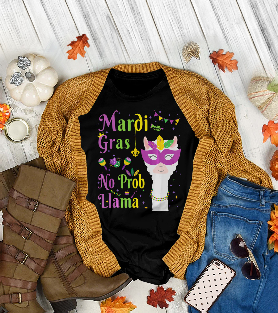 Mardi Gras No Prob Llama Funny Costume Masquerade T-Shirt