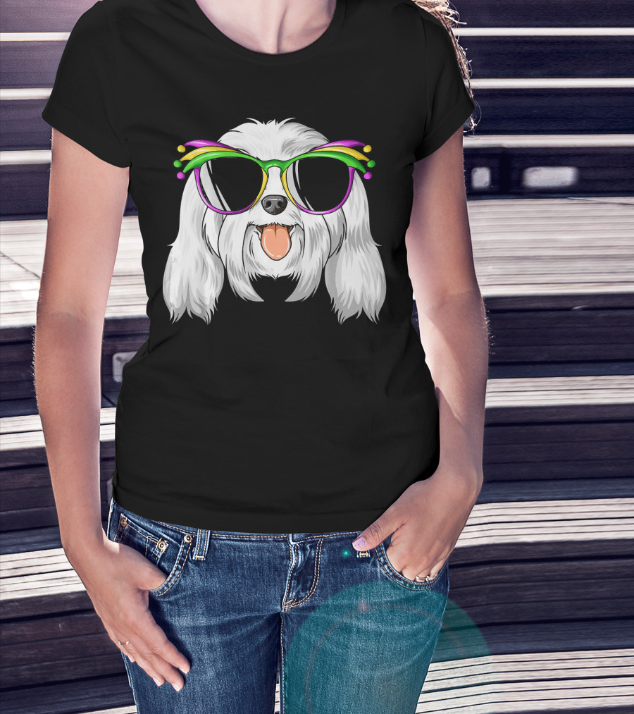 Maltese Dog With Mardi Gras Carnival Mask And Sunglasses T-Shirt