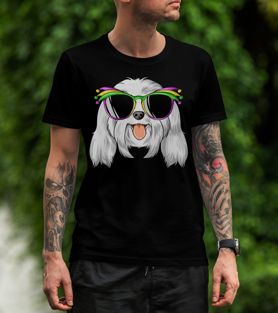 Maltese Dog With Mardi Gras Carnival Mask And Sunglasses T-Shirt