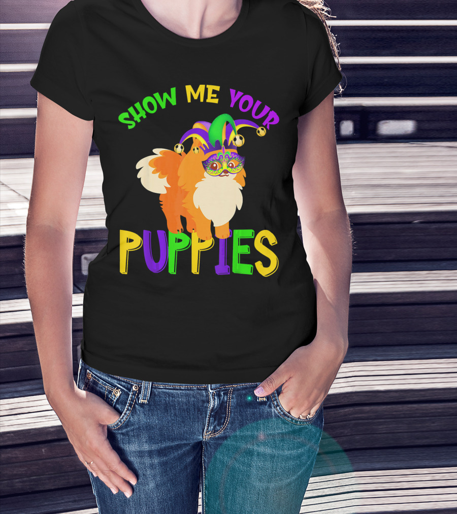 Show Me Your Puppies Pomeranian Jester Mask Colorful Fun T-Shirt