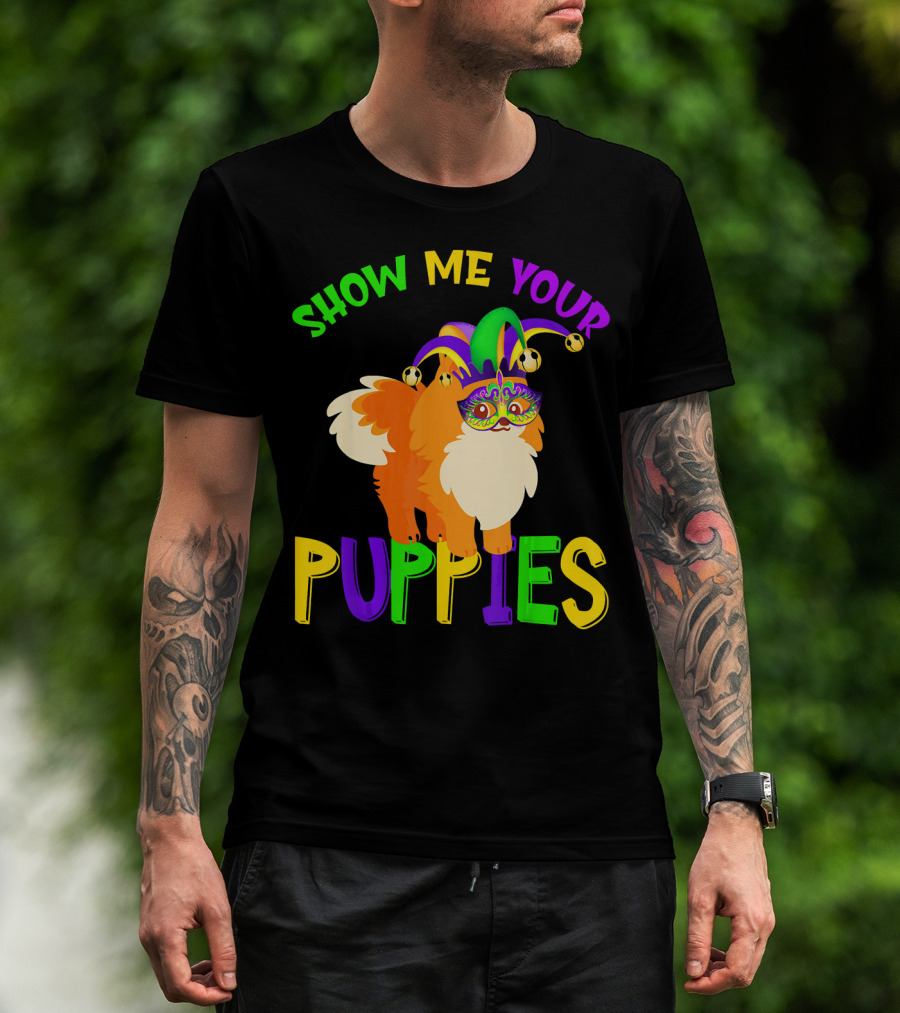Show Me Your Puppies Pomeranian Jester Mask Colorful Fun T-Shirt