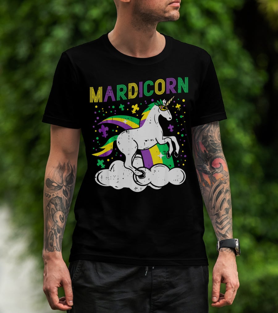 Mardicorn Retro Unicorn Jester Animal Mardi Gras Fleur-de-Lis Clouds T-Shirt