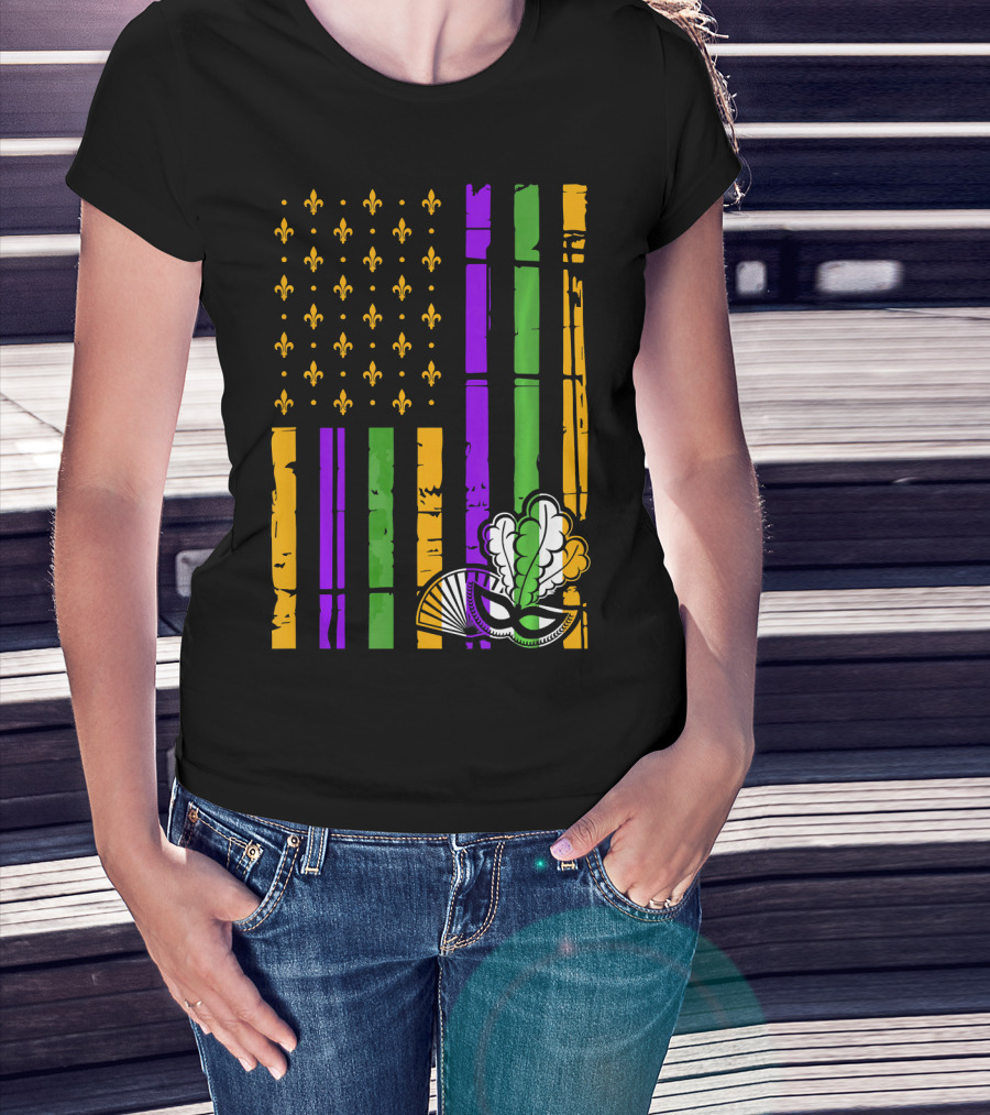 US Mardi Gras Celebration Flag Fleur De Lis Mask T-Shirt